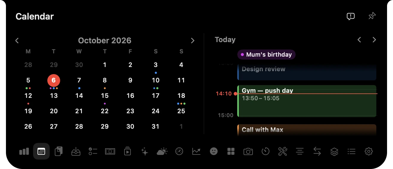 Calendar: the month beside today’s timeline, with a red line at the current time.