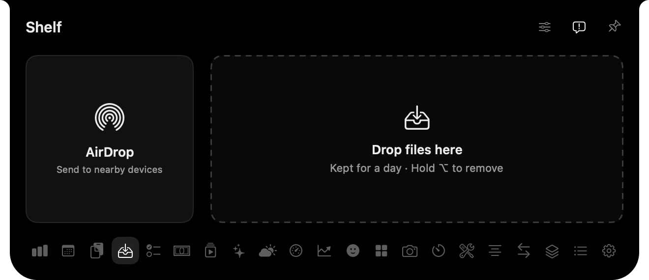The Shelf: an AirDrop target beside a space for files.