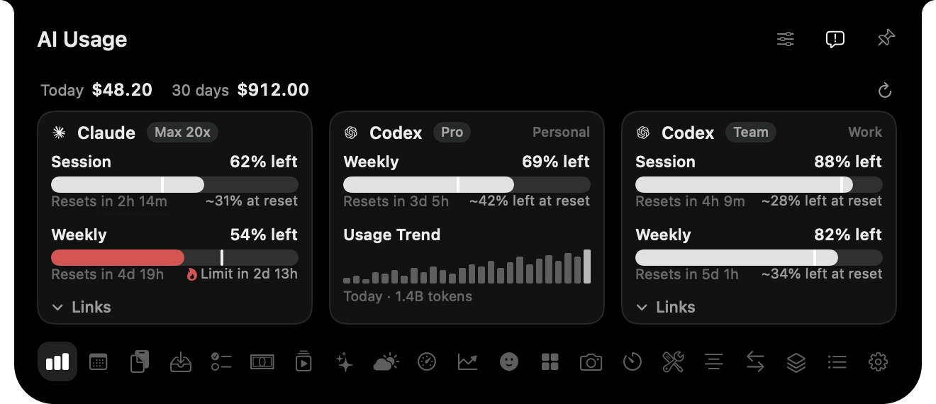 AI Usage: session and weekly limits for a Claude account and two Codex accounts, with today’s cost.